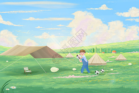 绿色云彩素材唯美治愈夏天小清新小男孩户外露营场景插画