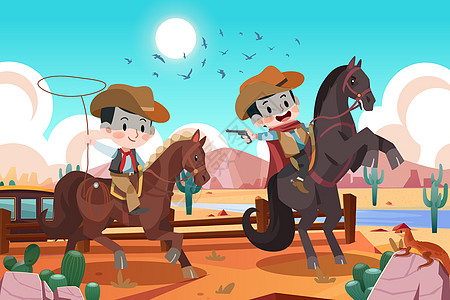 六一儿童节小朋友西部骑马当牛仔沙漠冒险图片