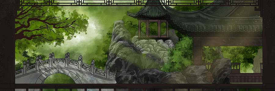 西湖园景古风园林风景厚涂插画