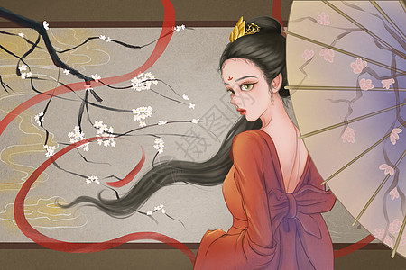 红色飘带古风中国风美女插画插画