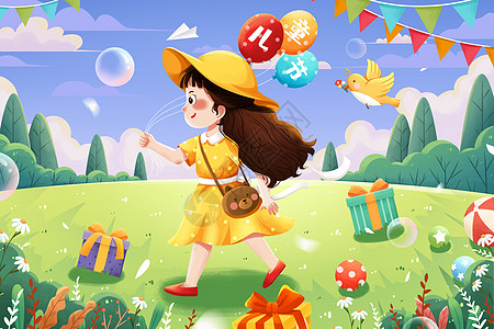 儿童欢乐清新六一儿童节拿气球女孩夏季插画插画