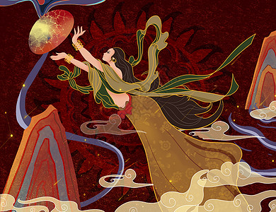 神话传说女娲补天手绘插画高清图片