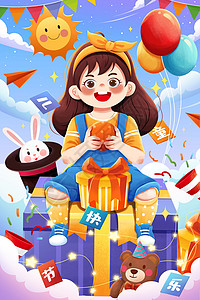 礼物盒海报卡通六一儿童节欢乐女孩插画插画