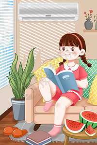 夏天沙发上居家看书的女孩图片