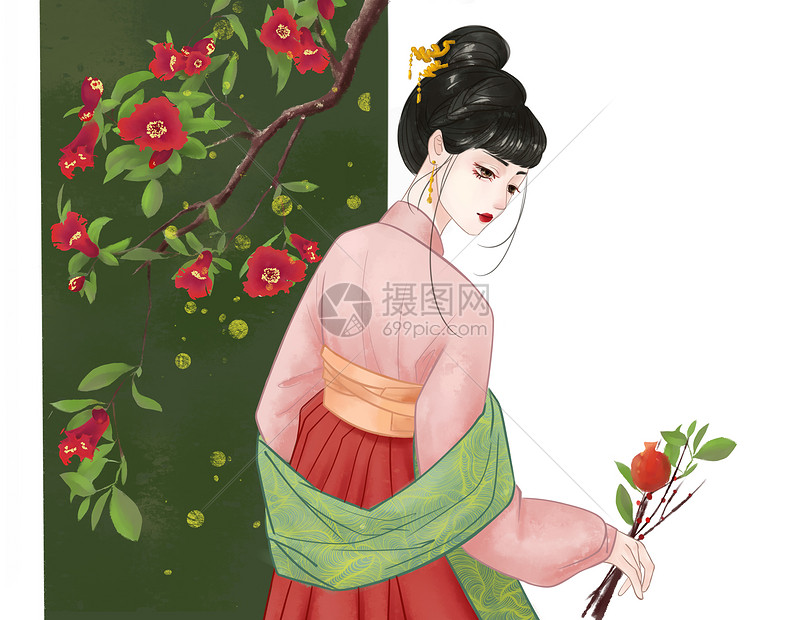 手绘古风人物榴花拟人水墨插画图片