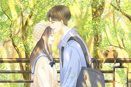 校园毕业季清新插画树下约会情侣图片素材