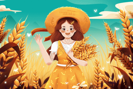 麦田小房子二十四节气芒种麦田里拿麦穗女孩插画gif高清图片
