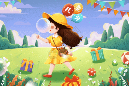 清新六一儿童节拿气球女孩夏季插画GIF图片