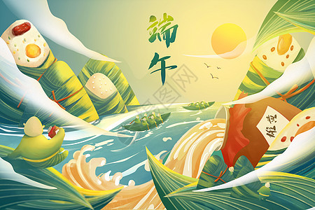 中国传统佳节端午节创意插画海报背景图片