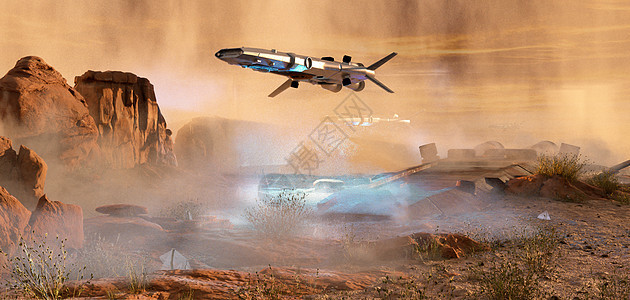 C4D沙漠三维科幻场景在沙漠星球上寻找陨落的飞船场景图片