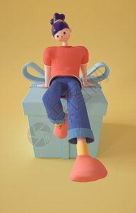 C4D女孩坐姿模型礼盒背景图片