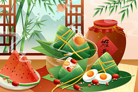 端午节古风窗格粽子西瓜美食插画图片