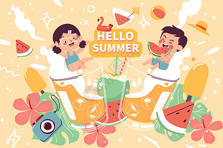 夏天小朋友吃西瓜喝冰镇饮料图片