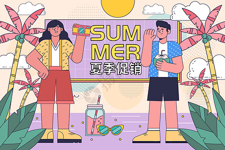 夏季促销海边情侣矢量插画背景图片