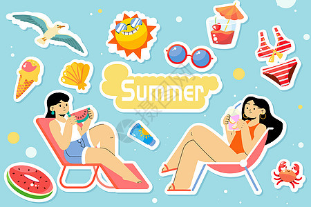 夏季女孩吃西瓜和饮料矢量插画背景图片
