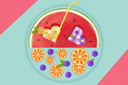 夏至节气小暑西瓜蓝莓橙子冷饮插画背景图片