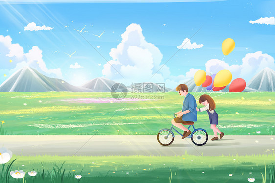 治愈父亲节父女女儿和爸爸一起玩自行车插画海报图片