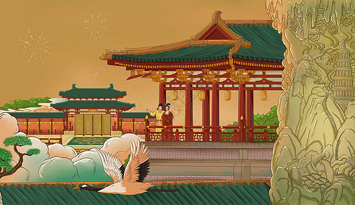 长恨歌之唐明皇和杨贵妃站在高处的亭子下观看风景图片