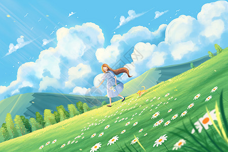 水墨云彩唯美治愈蓝天白云下快乐奔跑的女孩和小狗插画背景插画