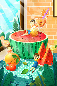 小暑之小孩与西瓜橙子景观插画图片