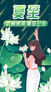 夏夜赏荷花竖屏插画图片