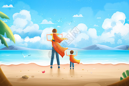 父亲带着女儿儿子张开手臂面朝大海插画图片