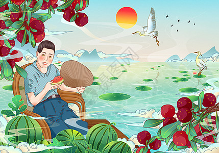 摘杨梅夏天乘凉卖西瓜国潮手绘插画插画