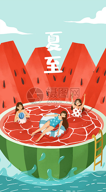 夏日西瓜游泳扁平风插画之开屏启动页图片