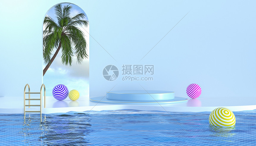 C4D清新夏日蓝色展台图片