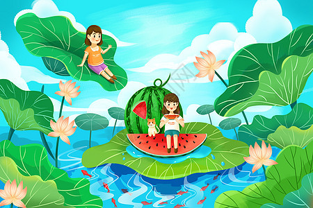 夏至之女孩吃西瓜游玩欣赏景观插画图片