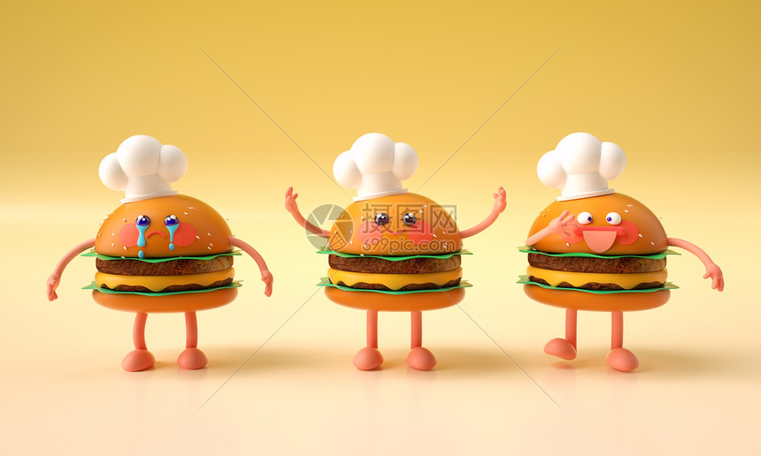 C4D可爱Q版汉堡小表情系列1哭的不开心小汉堡搞怪小汉堡表情图片