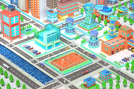 C4D卡通城市网球场超市公交站火车站建筑生活场景图片