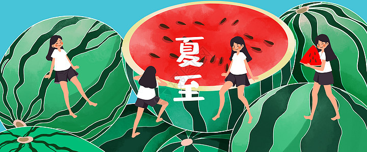 夏至西瓜女孩扁平风插画banner图片