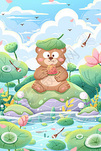 小暑节气小熊吃西瓜清新卡通插画图片