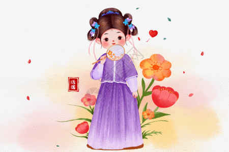 可爱萌萌q版古风女子手拿团扇gif图片