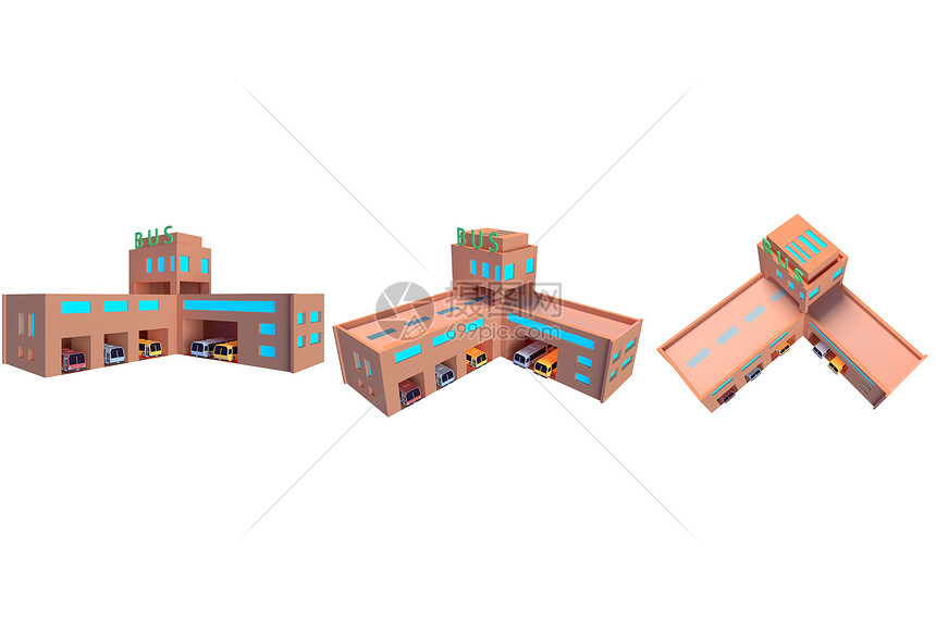 C4D浅橙色杏色低面卡通公交站建筑公交车3D渲染元素样机图片