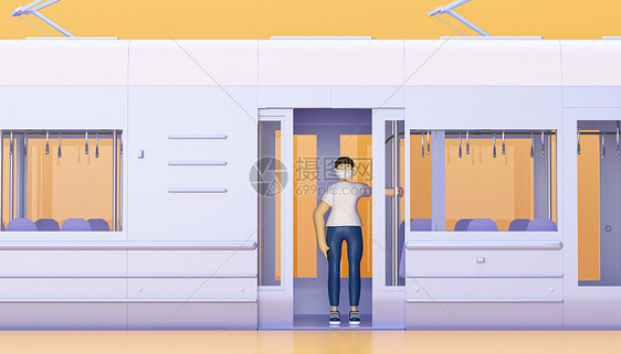 C4D卡通人物戴口罩出行图片