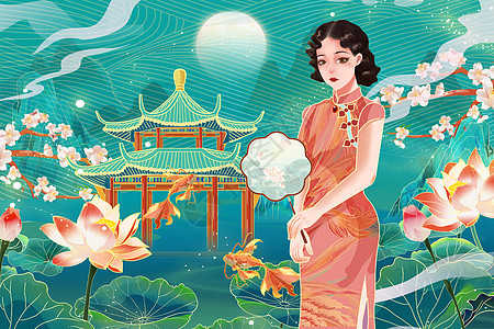国潮中国风古风旗袍美女唯美山水建筑风景海报插画图片
