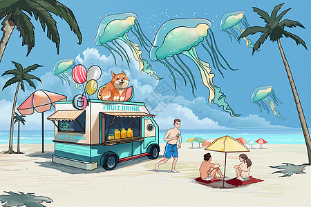 炎炎夏日和小伙伴一起开房车去沙滩玩高清图片