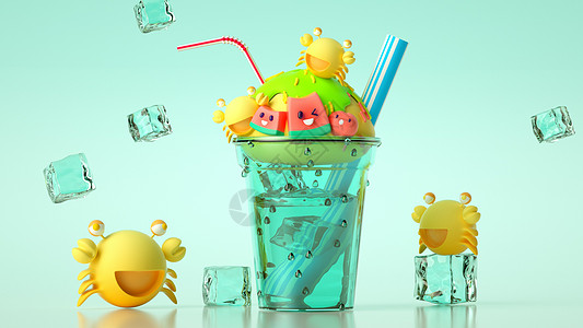 C4D夏日冰激凌饮品小场景模型冰激凌吸管小螃蟹冰块图片