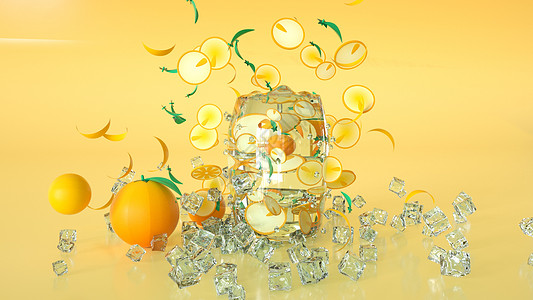 C4D橙子夏日柠檬场景散落的冰块掉落的柠檬场景建模渲染图片