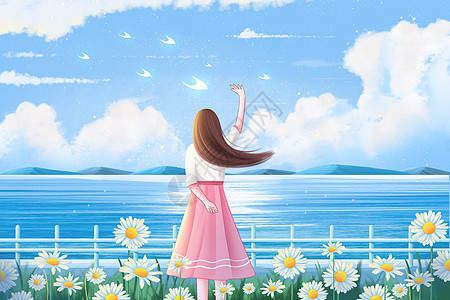 唯美海边女生看海洋蓝天白云唯美小清新风景图片