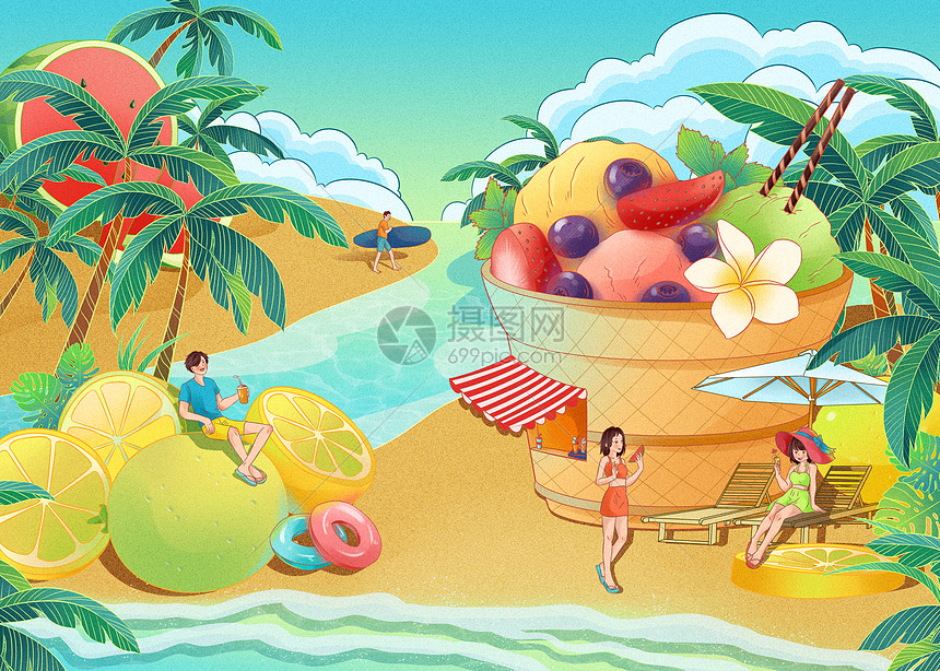 二十四节气夏天海滩创意插画图片