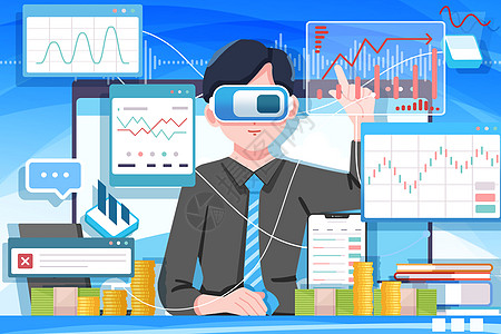 VR虚拟现实感金融插画科技助力经济佩戴vr眼镜虚拟炒股投资证券插画