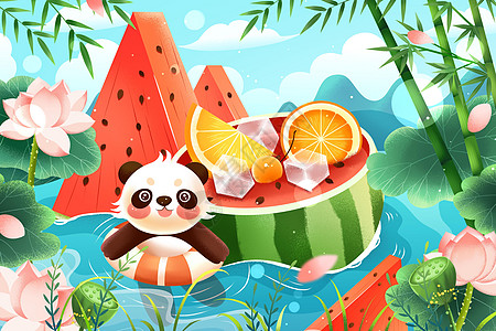 清新夏日荷塘熊猫与西瓜插画高清图片