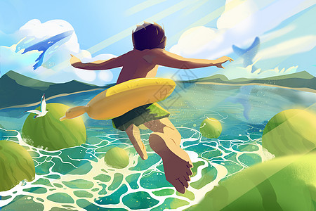 24节气夏天大暑夏至西天西瓜海洋游泳儿童插画图片
