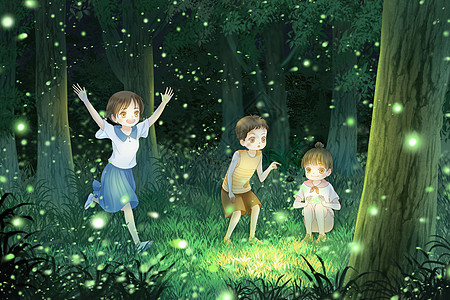 夏至夜晚和小伙伴一起捉萤火虫图片素材
