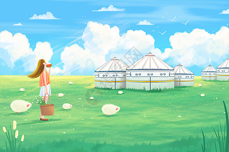 大暑印章唯美清新夏天天空蓝天白云女孩在草地蒙古旅游插画背景插画