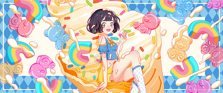 夏日橡皮糖棉花糖冰淇淋女孩系列插画banner背景图片