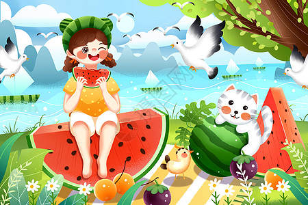 二十四节气夏日时节清凉海边女生吃西瓜插画图片
